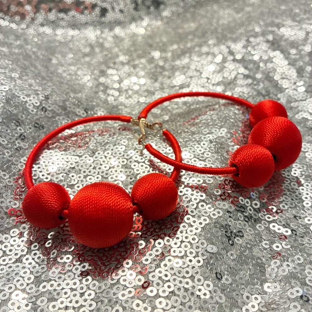 Red Beaded Hoop Earrings